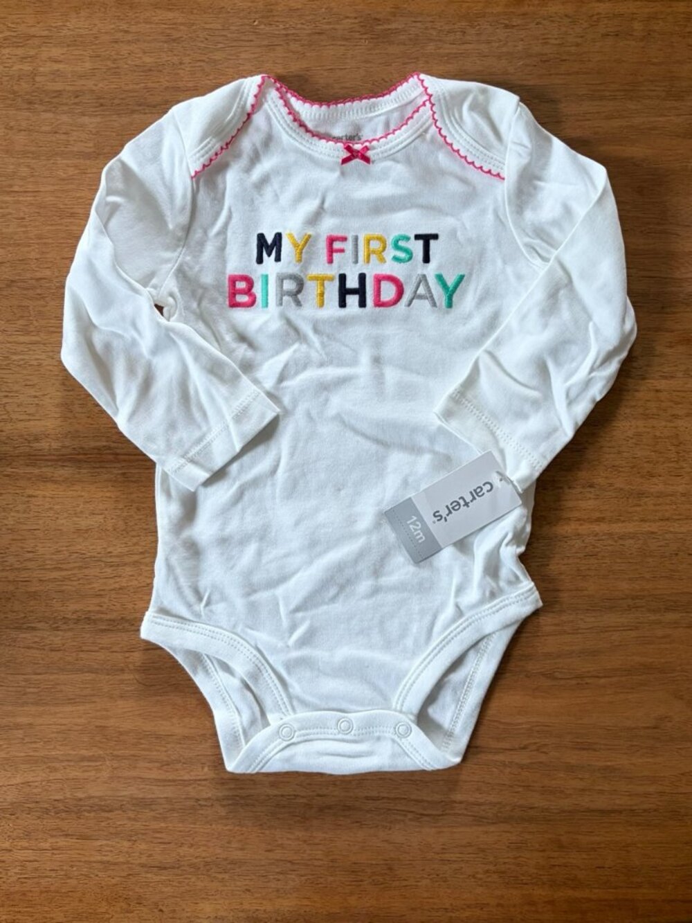 NWT Carter's My First Birthday Onesie, pink white scalloped trim, long sleeves